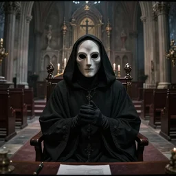 cultist in robe with mask and gloves, satanic church interior, ceremonial, realistic photo, cctv footage, horror lighting, dim lighting