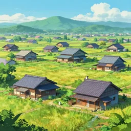 Japanese countryside houses, Low level, rendered by Beeple, Makoto Shinkai, syd meade, simon stålenhag, synthwave style, digital art, unreal engine, WLOP, trending on artstation, 4K UHD image, octane render