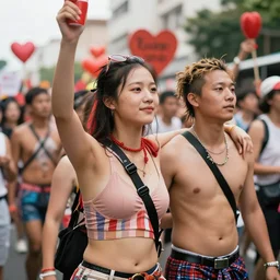 Photorealistic people at love parade by  KDA and Sam Yang, trending on artstation