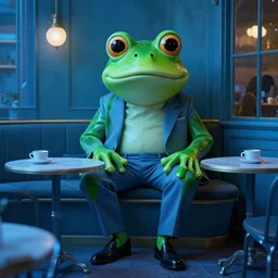 the most beautiful cybercore frog coffee shop, casual elegant suit, blue low - light photography, angelic detail, subsurface scattering, scene from cannes award winning movie