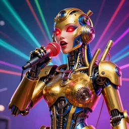 portrait photo of a giant huge golden and blue metal humanoid steampunk robot female singer with a human face and gears and tubes, in the foreground is a big red glowing microphone, eyes are glowing red lightbulbs, shiny crisp finish, 3 d render, 8 k, insaneley detailed, fluorescent colors, background is multicolored lasershow