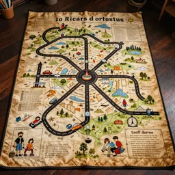 an elaborate kids road map carpet rug, detailed, made of alcohol ink on parchment and penned illustrations, by wes anderson and geoff darrow!!!!!