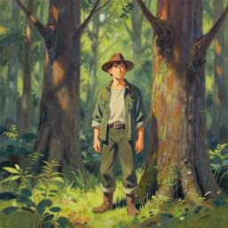 the lumberjack of lumberville, tree woods. this gouache painting by the award - winning mangaka has beautiful color contrasts.