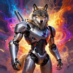 portrait of a anthropomorphic wolf robot with human characteristics, digital art, epic composition, fantasy, explosion of color, highly detailed, in the style of jake parker, in the style of conrad roset, swirly vibrant colors, sharp focus
