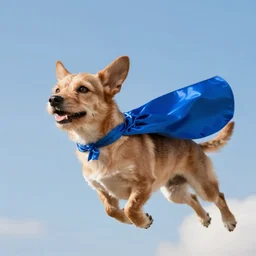 light brown female dog wearing a blue superhero cape, she's flying through the sky. As photograph