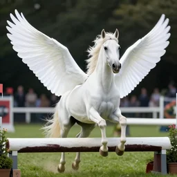 an appaloosa horse is flapping its horse wings at a steeplechase event. the wings are luminescent white, very very smooth, very very large and unfurled. professional high quality, fantasy, photorealism, dof, bokeh, dramatic lighting
