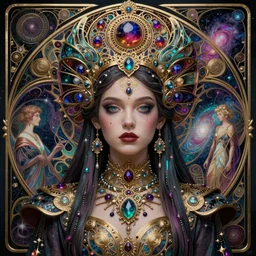 detailed realistic beautiful young groovypunk queen of andromeda galaxy in full regal attire. face portrait. art nouveau, symbolist, visionary, baroque, giant fractal details. horizontal symmetry by zaha hadid, iris van herpen, raymond swanland and alphonse mucha. highly detailed, hyper - real, beautiful