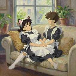 baroque oil painting of anime key visual concept art of anime maid with cat ears lying down on sofa, soft lighting, new york apartment, potted plants, big window, trending on artstation, brush strokes, oil on canvas, style of makoto shinkai and greg rutkowski and studio ghibli