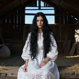 Hyper realistic detailed photo of a Paludnitsa! inside a dark barn. Perfect face, beautiful, white dress, menacing, melancholic, long black hair, blue sky, highly detailed, sharp focus, art by Steve McCurry, detailed and intricate environment, wide angle, highly detailed, award winning.