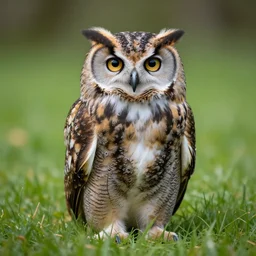 an owl is sitting in the grass looking at the camera, a raytraced image by frieke janssens, featured on unsplash, photorealism, made of feathers, quantum wavetracing, creative commons attribution