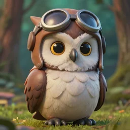 high resolution, cinematic, anthropomorphic owl character, hunter clothing, realistic detailed feathers, pilots hat, made in 3 d, collectable statue, octane render, friendly face, sad eyes, super cute, forrest background, depth of field, volumetric lighting by disney and studio ghibli and pixar