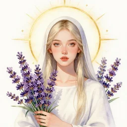 watercolor portrait of a lunar priestess, lavender flowers, artgerm, radiant halo of light, gilding, intricate design