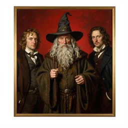 Solomon Joseph Solomon and Richard Schmid and Jeremy Lipking victorian genre painting portrait painting of a old rugged actor wizard wearing a wizard hat and robe from the hobbit , red background