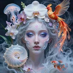 3 d close - up portrait of the goddess face in midsommar style surrounded by smoke and water energy flow mixed with jellyfish phoenix bird giant orchid flower and giant gladiola betta fish, intricate, elegant. translucent nautilus, highly detailed, by wlop, tooth wu, greg rutkowski, alena aenami