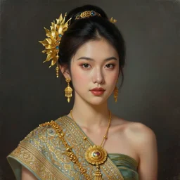 aesthetic!!!!!!! a beautiful young asian girl with thai traditional ornaments around, artstation, concept art, matte, sharp focus, illustration, hearthstone, art by artgerm and greg rutkowsk, realistic, cinematic, oil painting