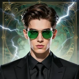 character concept portrait, symmetrical head-on centralized, Young man with green-tinted sunglasses, formal black suit, perfect hair. Detailed, high quality, dynamic lightning, fantasy. Artwork by Artgerm, WLOP, Alex Ross, Greg Rutknowski, Alphonse Mucha