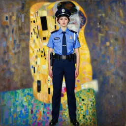 full body shot portrait of beautiful girl by irakli nadar oil paint and acrylic, police uniform, abstract impressionism, ruan jia, fantasy, hyper detailed, concept art, by gustav klimt,