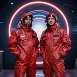 two scientists wearing red rick owens hazmat suits with hands in pockets posing in front of the neon event horizon by frank frazetta