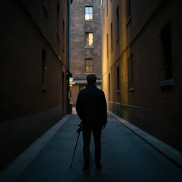 photorealistic 1 6 mm, f / 1. 4, iso 2 0 0, shutter speed 2, on tripod. focused on a person standing in a long dark alleyway. in - between two tall buildings. light spilling from small windows lighting up their sides