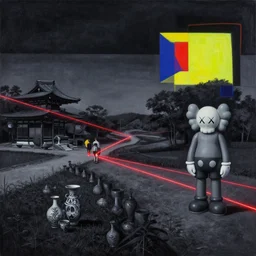futuristic fine lasers tracing, futuristic japan rural nature touring and ceramics, by steven meisel, kaws, rolf armstrong, mondrian, kandinsky, perfect geometry abstract acrylic, octane hyperrealism photorealistic airbrush collage painting, dark monochrome, fluorescent colors, minimalist rule of thirds, eighties eros