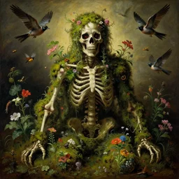 'Life from death' A horrifyingly detailed aesthetic horror figure painting depicting 'A mossy skeleton with plants and flowers growing all over it, birds and insects flying all around it' by giuseppe arcimboldo and Rembrandt, Trending on cgsociety artstation, 8k, masterpiece, cinematic lighting, highly detailed, vibrant colors.