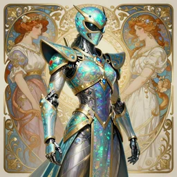 iridescent opal cyborg shinobi warrior, intricate ornate details, morandi color scheme, hd, illustration, epic, d & d, fantasy, intricate, elegant, highly detailed, wide angle, digital painting, artstation, concept art, smooth, sharp focus, illustration, wallpaper, art by artgerm and greg rutkowski and alphonse mucha and jin xiaodi