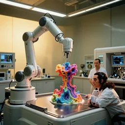 a complex bifurcated robotic cnc surgical arm cybernetic symbiosis hybrid mri 3 d printer machine making rgb organic ceramic fractal forms by wayne barlowe and beeple in the glass room laboratory with control panels, golden hour lighting, film still from the movie directed by denis villeneuve with art direction by wayne barlowe and salvador dali, wide lens, f 3 2,