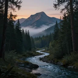 beautiful evening landscape, forest, mist, mountains, river, artstation, procreate, digital art, realistic, beeple style, digital painting