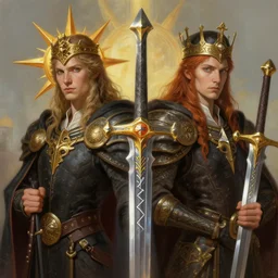 two kings of sun sword, rune marks, d & d, fantasy, highly detailed, portrait, digital painting, trending on artstation, concept art, sharp focus, illustration, art by artgerm and anato finnstark and greg rutkowski and magali villeneuve