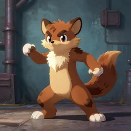 weasel bandit furry fursona, action pose on a painted industrial background, chiaroscuro, fursona has tail