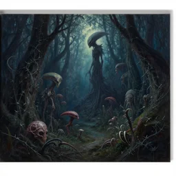 a cinematic masterpiece painting of exotic alien mystical gothic forest of despair and misery at midnight, exotic flora barbed-wire thorns and wires, by Marc Simonetti, by Alex Grey, by Wayne Barlowe, by Paul Lehr, by Tim Hildebrandt, by Bruce Pennington, by Zdzisław Beksiński, oil on canvas, masterpiece, trending on artstation, featured on pixiv, cinematic composition, beautiful lighting, sharp, details, hyper-detailed, no frames, HD, HDR, 4K, 8K