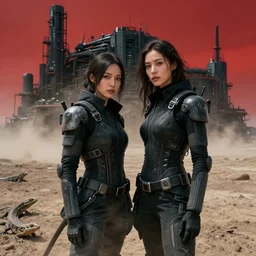 cinestill 5 0 d photographic portrait of two loving androids, beautiful women wearing rugged black techwear on a desolate plain with a red sky, extreme closeup, lizard on ground, cyberpunk style, in front of a brutalist dark metal facility, dust storm, 3 5 mm, 8 k, f / 3 2, high resolution, ultra realistic faces