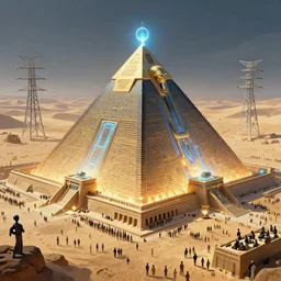 wise aliens and ancient egyptians building a glowing sci - fi nuclear - powered modern pyramid connected to electric pylons surrounded by crowds of worshipping people in a desert, digital art, artstation, trending, 4 k, intricate, ultra hd