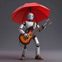 a portrait of a robot musician from a punk rock band with a huge red umbrella on guitar, full body, 3 d render, cinematic, realistic