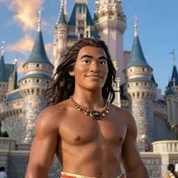 maui, male demigod from the movie moana at disneyland, standing in front of sleeping beauty castle, background is disneyland castle, realistic photo, as real person, detailed face