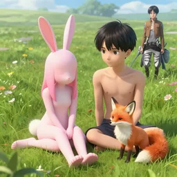 🐇👧🏽💞🦊👧🏻 sitting on field, made by ilya kuvshinov, made in abyss and artgem lau, inspired in made in abyss, attack on titan and balthus, anatomically correct, smooth, gelbooru, pixiv, unreal engine, realistic, sharp focus, extremely coherent