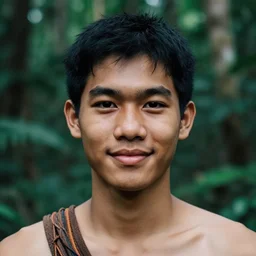 an ultra - high - resolution close - up of saharat sangkapreecha cosplay as a 3 0 years old asian man from the tai tribe in a lush green forest. photo from the front. a smart and beautiful man is smiling and has eye contact with the camera. the face is clear and symmetrical. the light is dim, and the colors are muted. kodak etkar 1