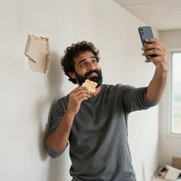 Dhar Mann taking a selfie next to a wall while eating drywall, realistic, 8k resolution, HD quality, artstation, trending on artstation