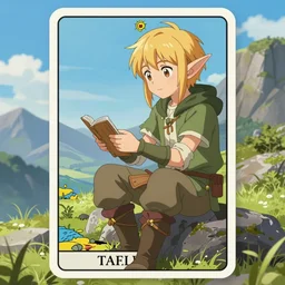 an wood elf boy getting ready for an high fantasy adventure on the mountain side, anime style, tarot card, Tarot card the fool, fine line work