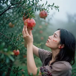 a closeup portrait of a woman wearing hagfish slime, picking pomegranates from a tree in an orchard, foggy, moody, photograph, by vincent desiderio, canon eos c 3 0 0, ƒ 1. 8, 3 5 mm, 8 k, medium - format print