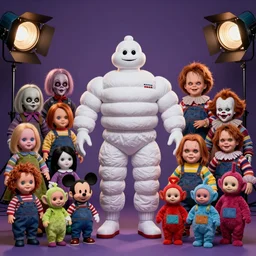 a colorful portrait photograph of divine wearing michelin man dress, with creepy cursed dolls like little miss no name, face bank, fearsome flush, cursed mickey, blippy in the box, jolly chimp, fingertronic howdy doody electronic puppet, skinny bones, cursed teletubbies, trolls, boobahs, chucky, jigsaw, leatherface, michael myers, pazuzu, chatterer, pennywise, pale man in 1 9 9 0 s, studio light photography, high definition, 8 k, taken by alex webb