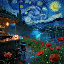 urbex by vincent van gogh, lake at dusk nightvision cyberpunk apocalyptic assassin's creed poppy uv light lightpaint universe flowers otherworldly hyperrealism made of glass magic realism dieselpunk water biopunk nature scumm bar, archdaily, wallpaper, highly detailed, trending on artstation.