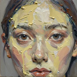 palette knife painting of a close up of athree - dimensional thick impasto oil painting / sculpture of her eyes, lots of thick encrusted paint, lots and lots of wax - like lines of dripping oil paint cover nearly everything, painted by jackson pollack and frank auerbach, background thick encrusted paint, very limited colour palette