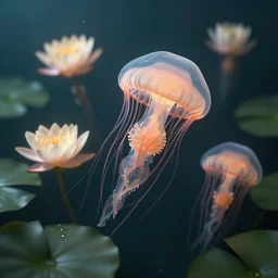 water lily flowers swimming underwater like a jellyfish, photographic, cinematic, photorealistic, volumetric lighting, detailed, smooth, artstation, octane render, wolp
