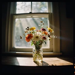 kodak portra 4 0 0, wetplate, extreme fish eye, moody still life 1 8 4 5 portrait by stanley kubrick of a single jar filled with flowers, sparkling jewels between a sunlit window, in bright warm sunlight, godrays shinging through the window, golden summer, muted colours, haze, trees outside, no people
