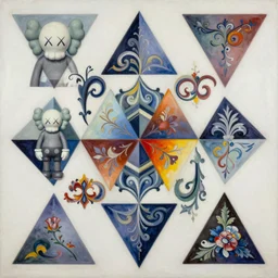 an acrylic painting consisting of regular right triangles of varying sizes, wild brush strokes, beautiful gradients, and interweaving decorative acanthus design elements, mixed media, award winning painter, realistic rococo floral elements, a balance of small, medium and large design elements, symmetrical design 8k painted by KAWS, Picasso, Kandinsky and WLOP