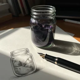 sketch of fountainn pen and glass canning jar of swirling ink shimmering on a desk, dramatic afternoon lighting, linear halftone, subtle colors, heavy metal, by moebius