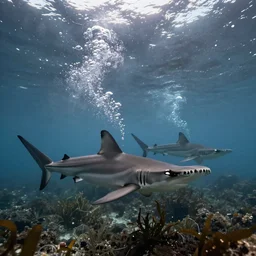 hyperrealistic underwater photography, panoramic picture of an ocean floor with in the distance are some hammerhead sharks. focus on the sharks. the sharks are anatomically correct and highly detailed. lots of bubbles. seaweed and some rocks. gloomy scattered light entering from the water surface, trending on artstation, hq, 8 k