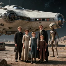 highly detailed, 33554432k film still from a sci fi blockbuster color movie made in 2019, set in 1860, of a family standing in front of a spaceship that has just landed on an alien planet, a humanoid alien creature stands nearby, the family are all wearing 1860s era clothes, good lighting, good photography, ultra high definition