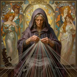 old hooded woman weaving the strings of the multiverse, epic scene, dramatic, multiverse, highly detailed, high quality, 8 k, 4 k, octane render, digital painting, alena aenami, lilia alvarado, shinji aramaki, karol bak, alphonse mucha, tom bagshaw